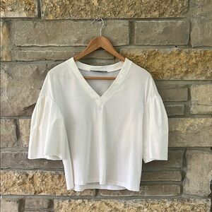SPORTMAX Elegant White V-Neck Women's Crop Top With Puff Sleeves Size Small